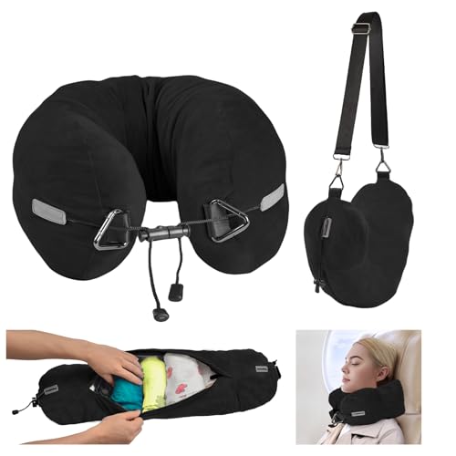DreamShore Travel Pillow for Extra Luggage:Stuffable Neck Pillow with Adjustable Neck Size|Fits 3+ Days of Travel Essentials|Transformable Carry-On Solution|Soft Velvet Cover|No Filler(Black) - color: Black