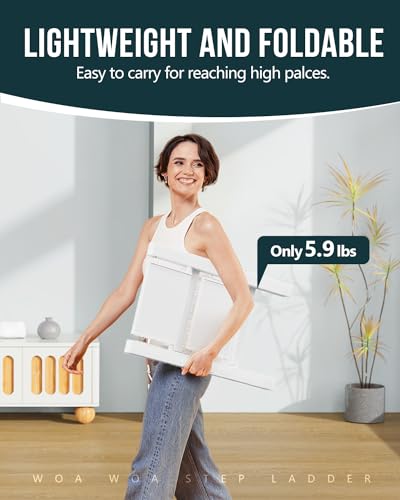 WOA WOA Step Ladder, Widen Pedals Foldable Step Stool, Lightweight Aluminum Ladder, Easy to Move Around, Anti-Slip Foot Stepladder for Household, Fold Thin & Space Save, 300 lbs Load (2 Step, White) - color: White, size: 2 Step