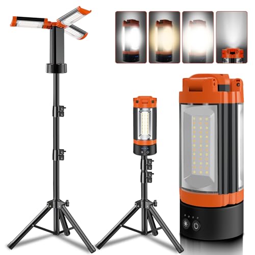 Rechargeable 12000mAh Camping Light with Adjustable Stand, Cordless Work Light with 3 LED Lamp Heads, 2200 Lumens Dimmable Magnetic Emergency Flashlight with Detachable Tripod, Orange - color: Orange&Black, size: with stand