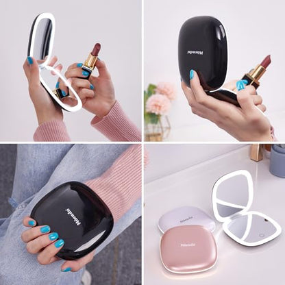Mocado Compact LED Magnifying Travel Makeup-Mirror - 4 inches 1X/10X Magnification Small Hand Pocket Dimmable Double Sided USB Rechargeable Touch Screen, Portable Tabletop Cosmetic (Black) - color: Black