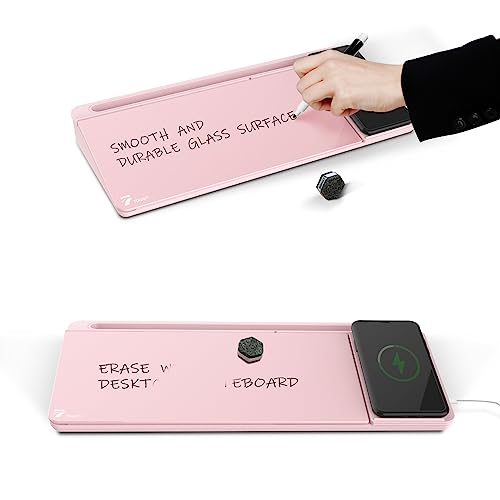 TOWON Desktop Glass Whiteboard with Charger Pad, Small Desk Whiteboard - Glass Dry Erase White Board- Desk Computer Buddy with Storage, Mirror and Charging Station, Pink, 17 x 6 in - color: Pink Charger