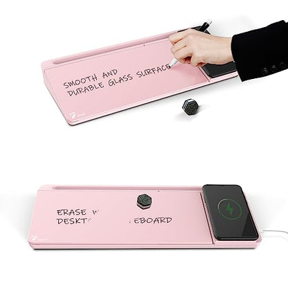 TOWON Desktop Glass Whiteboard with Charger Pad, Small Desk Whiteboard - Glass Dry Erase White Board- Desk Computer Buddy with Storage, Mirror and Charging Station, Pink, 17 x 6 in - color: Pink Charger