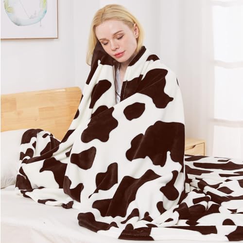 Richave Fleece Cow Print Blanket for All Season - Premium Lightweight Anti-Static Brown and Ivory Throws Travel Blankets Plush Gift for Daughter Mom, Bedroom Decor 51" x 60"(Brown Cow) - color: Brown Cow, size: Travel (50-Inch-by-61-Inch)