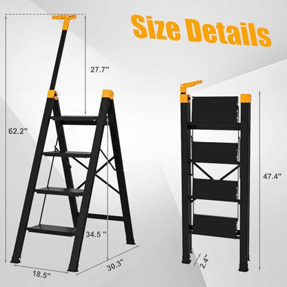 4 Step Ladder with Single-Handrail, Aluminum Step Stool Foldable, Lightweight Sturdy Step Ladder with Anti-Slip Pedals,Convenient Handrail for Home Kitchen Closet, 600lbs Max Load Capacity (Yellow) - color: Yellow, size: 4 steps