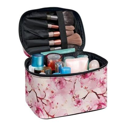 Makeup Brush Bag Cherry Blossom Pink Printed Large Capacity Travel Cosmetic Bag Toiletries Accessories with Handle and Divider Portable Brush Holder Bags - color: Cherry Blossom Pink