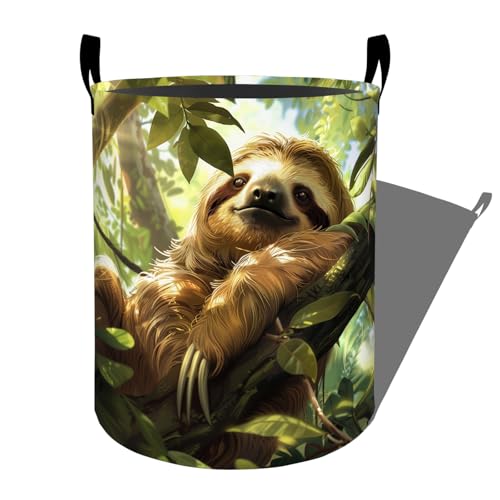 Relaxed Sloth in Lush Green Forest Laundry Basket with Handles, 19.7"x15.7" Clothes Foldable Laundry Hamper Organizer for Dorm Nursery Bedroom Bathroom Decor, Toy Storage Bin for Kids - style: Sloth51