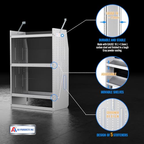 AA Products Model SH-4603-T3(3) Steel Low/Mid/High Roof Van Shelving Storage System Fits Transit, GM, NV, Promaster and Sprinter, Set of 3 Contoured Shelving Unit, 32" W x 46" H x 16" D