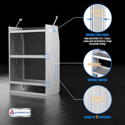 AA Products Model SH-4603-T3(3) Steel Low/Mid/High Roof Van Shelving Storage System Fits Transit, GM, NV, Promaster and Sprinter, Set of 3 Contoured Shelving Unit, 32" W x 46" H x 16" D