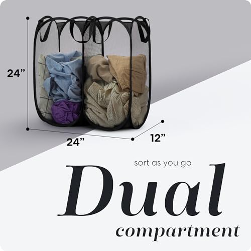 Double Laundry Hamper, Pop Up Mesh 2 Section - Handy Laundry Collapsible Divided Hamper, Large 44 Gallon Foldable Basket with Reinforced Handles for College Dorm, Travel, Home, Black - color: Black