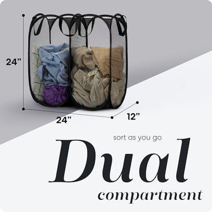 Double Laundry Hamper, Pop Up Mesh 2 Section - Handy Laundry Collapsible Divided Hamper, Large 44 Gallon Foldable Basket with Reinforced Handles for College Dorm, Travel, Home, Black - color: Black