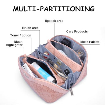 BOYATU Travel Makeup Bags Cosmetic Organizer Bag: 3-Set Large Capacity Make up Bag - PU Leather Toiletry Bags for Women - Wide Open Portable Pouch with Divider & Handle (01-Z-Pink) - color: 01-Z-Pink