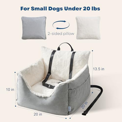 Milk and Soda Small Dog Car Seat Bed for Small Dogs Under 20 LBS with 2-Sided Pillow, Side Pockets, Built-in Leash, Machine Washable Cover, Light Gray (Gray, Small) - color: Gray