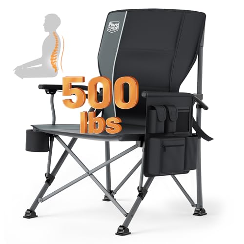 TIMBER RIDGE Aluminum Oversized Camping Chair with Lumbar Support up to 500lbs, Heavy Duty Folding High Back Chair for Adults, Cup Holder, Cooler Bag, Side Pocket - color: Aluminum Lumbar Support Black