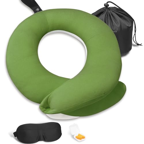BUYUE Travel Neck Pillows for Airplanes, Memory Foam 360° Head Support Sleep for Long Flight, Skin-Friendly & Breathable, Kit with Eye Mask, Earplugs and Storage Bag (Adult, Green, 90+ lbs) - color: Green, size: Adult
