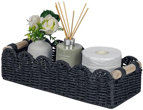 CubesLand Toilet Paper Storage Basket Scalloped Edge Home Decor Basket, Living Room Cozy Decor, Paper Rope Small Baskets for Over Toilet Storage Shelf, End Table, Shelves, with 2 Wooden Handles, Black - color: Black, size: m - 14 X 6.3 X 3.9in