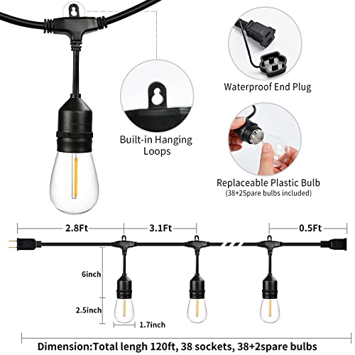 120 FT Outdoor String Lights LED Waterproof with 40 Shatterproof Plastic Warm Edison Bulbs String Bistro Lights for Patio Gazebo Pergola Market - size: 120FT