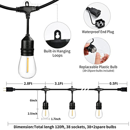 120 FT Outdoor String Lights LED Waterproof with 40 Shatterproof Plastic Warm Edison Bulbs String Bistro Lights for Patio Gazebo Pergola Market - size: 120FT
