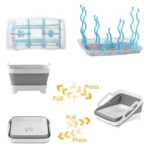 Collapsible Wash Basin with Drying Rack for Baby Bottle，2.4 Gallon Dish Basin with Portable Baby Bottle Drying Rack for Kitchen & Travel & Camping