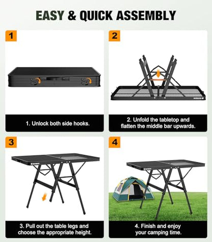 Raynesys Foldable Grill Table with Mesh Desktop, 200lbs 3Ft Portable Folding Table, Height Adjustable Metal Table for Ourdoor, Camping, Picnic, BBQ and Beach, RV, 35.4" L x 23.6" W - size: L(3ft-35.4"x23.6"x14.2"/18.9"/24.4")
