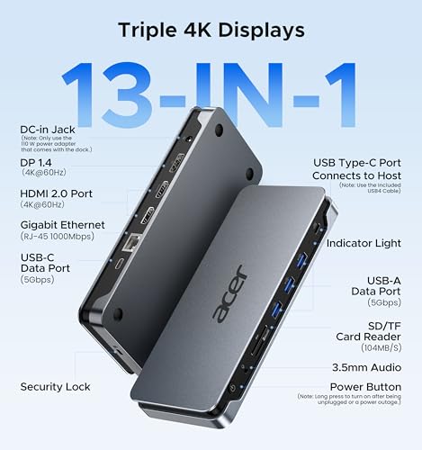 Acer Premium 13-in-1 Docking Station with 110W PD & Triple Monitor Support | Dual 4K HDMI and DP,5Gbps USB A/C,Gigabit Ethernet,Security Lock | Laptop Docking Station for Windows/Dell/HP/Lenovo/Asus