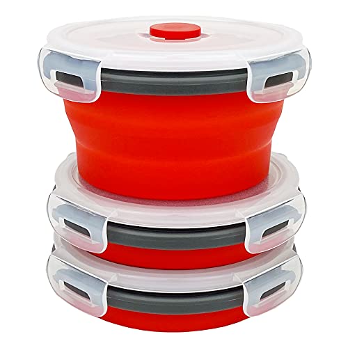CCyanzi 3piece Round Collapsible Bowl with Lids, Silicone Food Storage Containers, Microwave & Freezer Safe, Space Saving for Kitchen Cabinet and Camping Backpack,(Red Gray) - color: red with gray