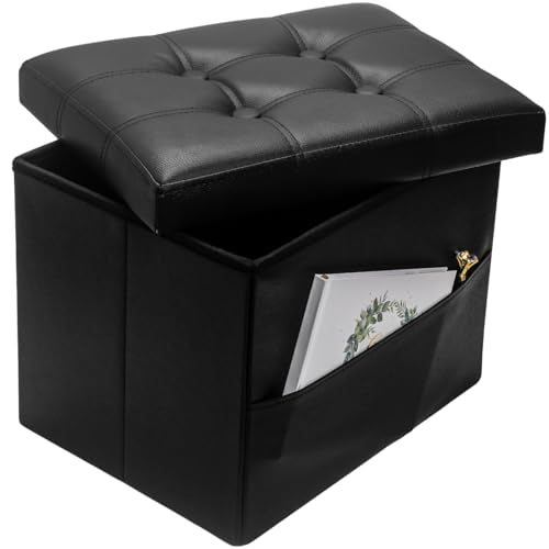 Bsketa Storage Ottoman Foot Rest Stool, Small Leather Storage Ottomans Bench, Folding Footstool with Side Pockets, Foot Rest Under Desk for Living Room Bedroom, 17x13x13 in, Black - color: Black-with Side Pockets.