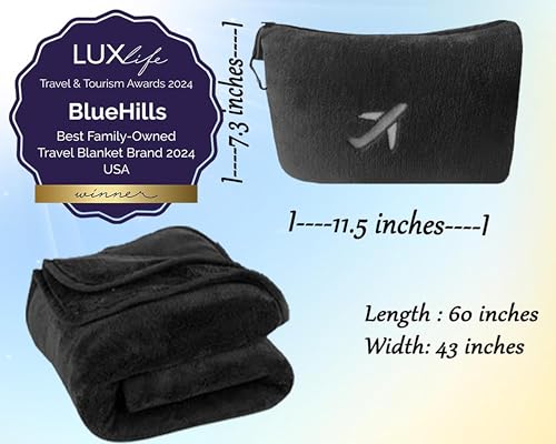 BlueHills 2-Pack Mini Premium Soft Plush Travel Blanket Pillow Airplane Essentials Flight Throw in Bag with Hand Luggage Strap Backpack Clip Accessories Portable Traveling Plane Blankets Black - M25 - color: Black-2pk-m25