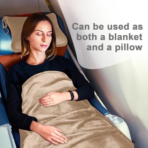 Travel Blanket and Pillow Compact, Premium Soft 2 in 1 Airplane Blanket with Soft Bag Pillowcase，Hand Luggage Sleeve and Backpack Clip (Brown) - color: Light Brown