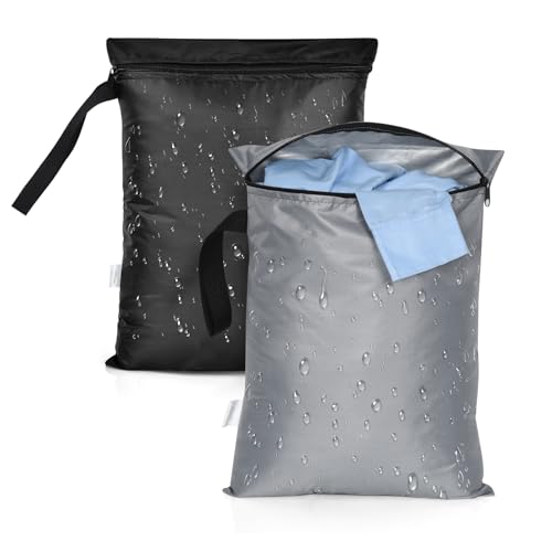 OTraki 2PCS Waterproof Bag for Swimsuit 12x16 inch Wet Dry Bags With Portable Handle & Zipper Reusable Travel Wet Clothes Gym Bag Storage for Beach Drying Do Not Exceed 176℉ Black&Grey | Wet Dry Bags with Portable Handle Reusable Travel Wet Clothes Gym Ba