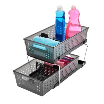 madesmart Two-Tier Under Cabinet Organizer, Sliding Drawer Storage for Cleaning Supplies & Bottles, Carbon