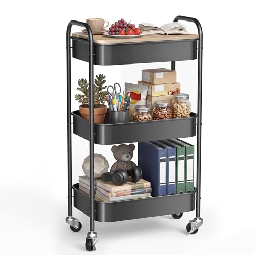 DTK 3 Tier Rolling Cart with Wheels, Heavy Duty Metal Utility Cart, Mobile Storage Organizer with Lockable Casters, Multi-Purpose Rolling Cart for Nursery, Bathroom, Kitchen, Office, Classroom - color: Matte Black, size: Large