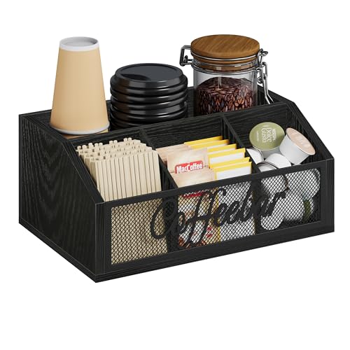 YINMIT Coffee Station Organizer for Countertop, Wood Coffee Bar Organizer with Removable Dividers for Pods, Syrup, Cups, Stirrer, Tea - Office Bar Accessories, Iron Mesh-Black - color: Iron Mesh-Black, size: 1 Tier