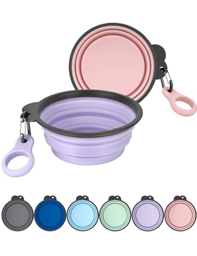 Aonkey Collapsible Dog Bowls with Bottle Carrier, 2 Pack Travel Dog Water Bowl Upgraded Carabiner, One-piece Molded Rim No Fall Off or Crack, Foldable Silicone Portable for Pets Walking Hiking 37oz - color: 4. Light Violet & Pink, size: Large (Pack of 2)