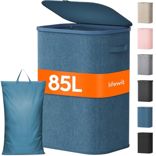 Lifewit 85L Large Laundry Basket with Lid, Laundry Hamper with Plastic Handles and Removable Bag, Foldable Tall Dirty Clothes Hampers for Laundry for Laundry Room, Bedroom, Bathroom, Dorm, Dark Blue - color: Dark Blue, size: 85L