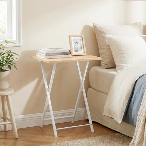 HOOBRO Folding TV Tray Tables, Set of 4 TV Trays with Storage Rack, Industrial Side Table for Eating at Couch, Foldable Snack Table for Small Space, Easy Assembly, Natural and White, WN50BZ01 - color: Natural + White