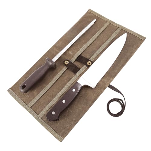 Double Knife Roll for Chefs,Waxed Canvas Vertical Knife Storage Case,Travel Carry-On Roll Bag,Rectangular Protector Sheath Pouch Organizer for Chef Kitchen Cutlery Knives Accessories,Cooking Tool - color: Khaki / Double, size: 14.75" x 8.25" x 3.5"