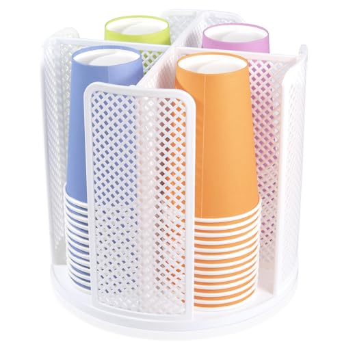 Rotating Paper Cup Dispenser with 4 Compartments, Disposable Coffee Cup Storage & Lid Holder for Countertops, Kitchen, Coffee Stations (White) - color: White