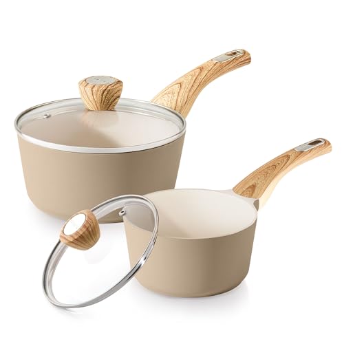 SENSARTE 1.5 & 2.5 Quart Ceramic Sauce Pan Sets with Lid, Cooking Pots Set, Nonstick Saucepan Set with Pour Spout, Small Kitchen Pot, Non toxic Saucepot, Induction Comptable, PFOA PTFE PFAS Free - color: Ceramic Taupe, size: 1.5 + 2.5 Quarts