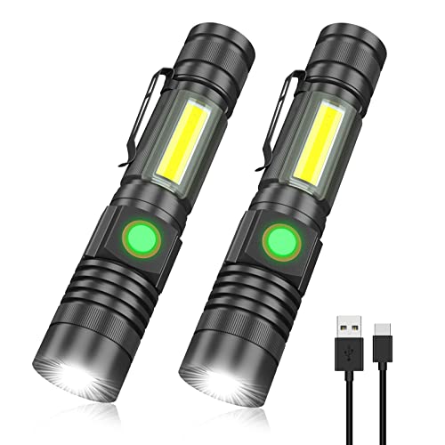 Rechargeable Tactical Flashlight, USB Magnetic Flashlights with COB Flash Light - 4 Models, Zoomable, Waterproof, LED Tactical Flashlight High Lumen Bright for Indoor Outdoor Camping 2 Pack - color: Black, size: 2Pack