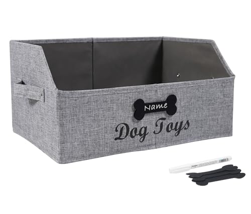 Large Dog Toy Basket Fabric Dog Toy Bin Collapsible Gray Dog Toy Box Trapezoid Dog Toy Storage for organizing Dog Chew Toys/Blankets/Leashes/Treats-Dog Storage Organizer-Can be Personalized - size: 16.7''x11.4''x8.2''