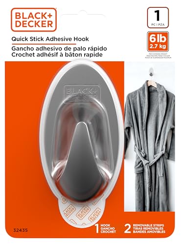 Black+Decker Solid Wall Hooks, Quick Stick Adhesive, Removeable, 1 Wall Hook, 2 Adhesive Strips, Hang Decorations Without Damaging Walls, up to 6 lbs., Chrome - size: 1 Large Oval Hook