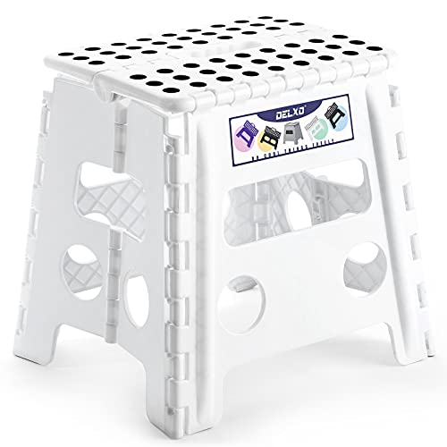 Delxo 13" Folding Step Stool for Kids and Adults, Non-Slip Foldable Step Stools with Handle,Plastic Portable Folding Stool for Bathroom,Bedroom,Kitchen,Hold up to 300lbs White - color: White, size: 13 Inch