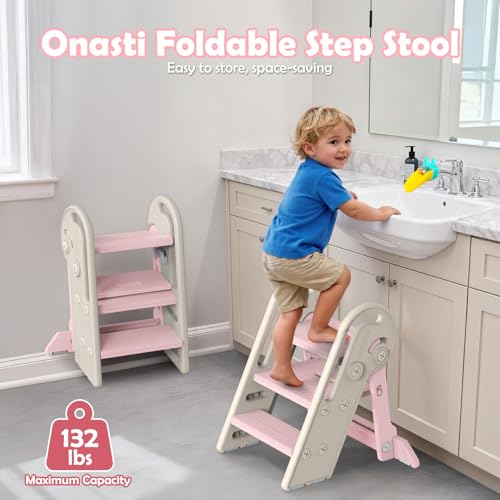 Onasti Foldable Step Stool for Kids & Toddlers, 3 Step Convertible to 2 Step with Handles, Training Stool for Bathroom Sink & Kitchen Counter, Non-Slip Stable Step Stool for Growing Children- Pink - color: Baby Pink