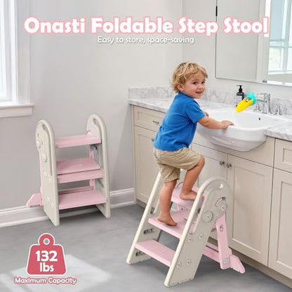 Onasti Foldable Step Stool for Kids & Toddlers, 3 Step Convertible to 2 Step with Handles, Training Stool for Bathroom Sink & Kitchen Counter, Non-Slip Stable Step Stool for Growing Children- Pink - color: Baby Pink