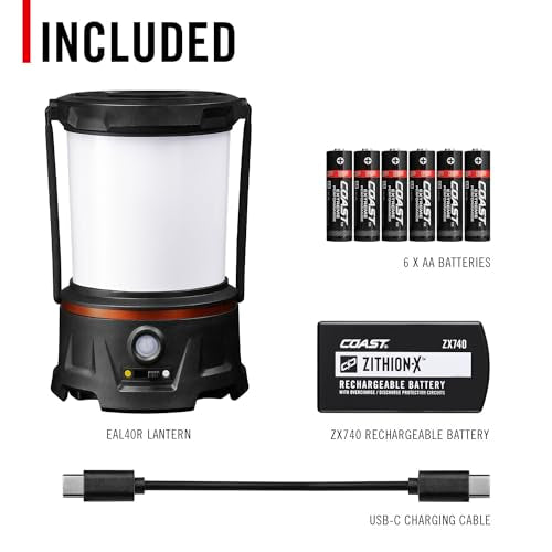 COAST EAL40R 2500 Lumen Rechargeable Emergency Camping Lantern with Red Flashing Mode, Carabiner, Diffuser, Foldeable Handle, Moonglow™ Low Mode, Illuminated Power Button, USB-C Power Bank