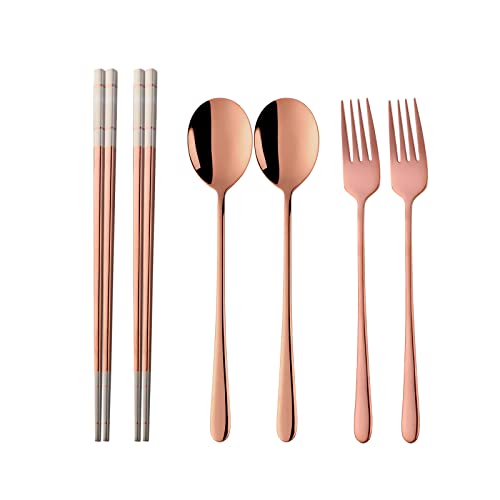 Buyer Star Stainless Steel Korean Chopsticks Spoons and Fork Set, 2 Pack Reusable Forks and Spoons Silverware Korean Utensil Set, Portable Utensils Dinnerware for Home (Rose Gold) - color: Rose Gold