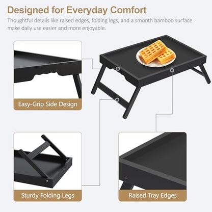 Breakfast Tray with Folding Legs Set of 2, Bamboo Bed Tray Table 15.7" Foldable TV Dinner Tray with Ergonomic Wave Handles for Bed Couch Sofa, Breakfast, Snacks, Coffee, Black - color: Black, size: Medium