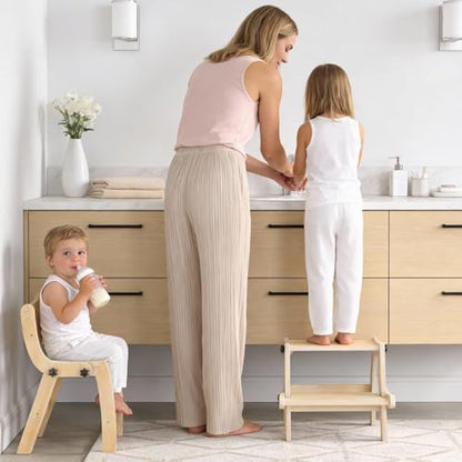 Toddler Step Stool, Foldable Step Stool for Kids, Convert to Chair, Toddler Stool for Bathroom Sink & Potty Training, Wooden Step Stools w Non Slip Base for Kitchen, Bedroom - color: Natural Wood