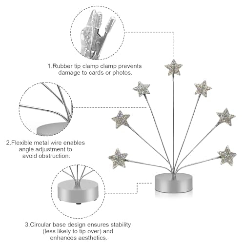 7-Branch Family Desktop Photo Tree Holder Clip Round Base, Card Picture and Memo Desk Frame Display Stand for Wedding Party Christmas Photo Clip Holder Table Numbers (Stars)