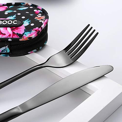 Travel Utensils,Reusable Silverware Set To Go Portable Cutlery Set with a Waterproof Carrying Case for Lunch Boxes Workplace Camping Picnic (Black) - color: Black